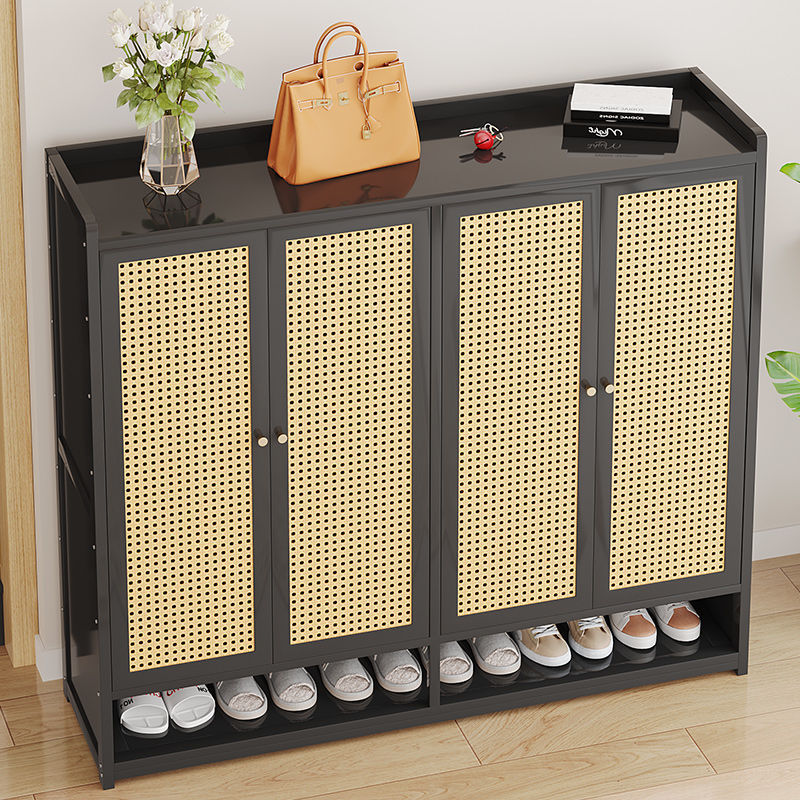 Household Side-By-Side Shoe Cabinet, Floor-Standing, Fully Enclosed, Breathable, Rattan-Like Weave, Large Capacity, Multi-Layer Storage Cabinet for Entryway