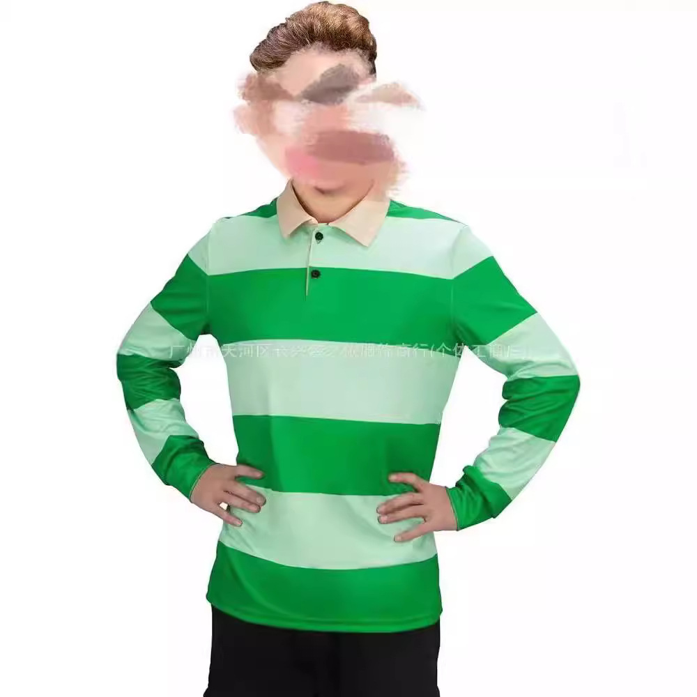 万圣节服装条纹 Polo 衫,长袖新颖 T 恤上衣,史蒂夫绿色条纹衬衫