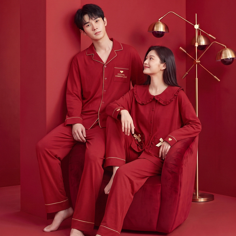 Pure cotton A-class couple's pajamas for men and women, autumn and winter red, for newlyweds, wedding, zodiac year, spring and autumn, long-sleeved home wear Pure cotton A-class couple's pajamas for men and women, autumn and winter red, for newlyweds, wedding, zodiac year, spring and autumn, long-sleeved home wear