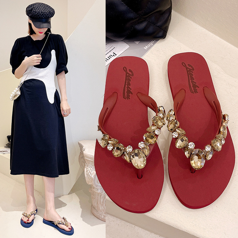 Choice Glass Flat Heel Rhinestone Slippers Women's Summer New Fashion Sandals Korean Style Flats Sequin Flip-Flops Beach Slippers
