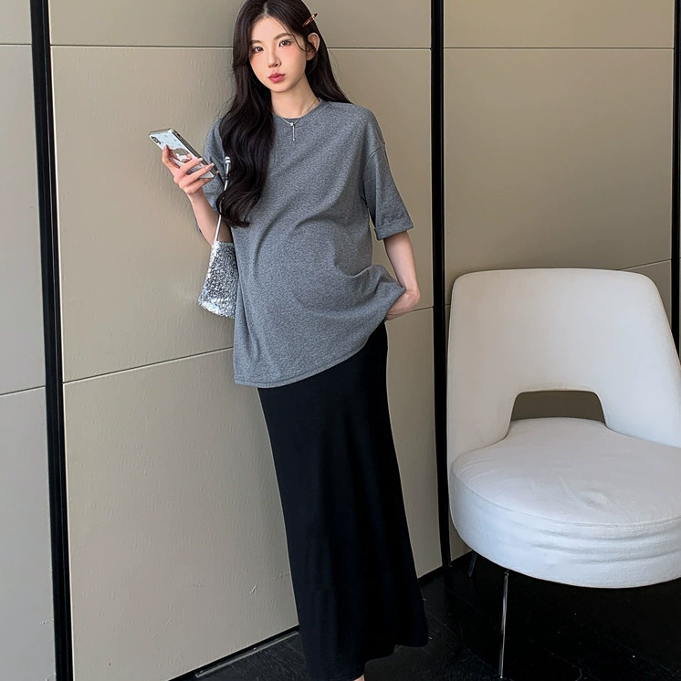 Лето 2025 г., серая манжета для беременных женщин, ленивая большая T + регулируемая эластичная полуюбка, приятная для кожи