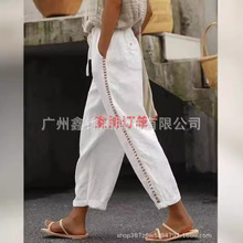 2023欧美棉麻裤子女夏季九分裤宽松防棉麻松紧腰阔花边筋条腿裤复