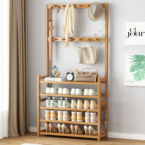 Multifunctional all-in-one shoe rack coat rack floor-standing household solid wood storage rack doorway indoor simple multi-layer shoe cabinet