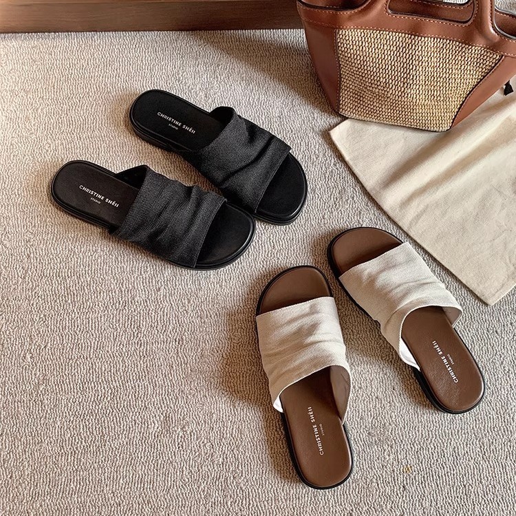 [Sheii Su Yinyin] Bangkok drag ~ Sandalias planas plisadas de lino de playa estilo resort, zapatillas de mujer, verano