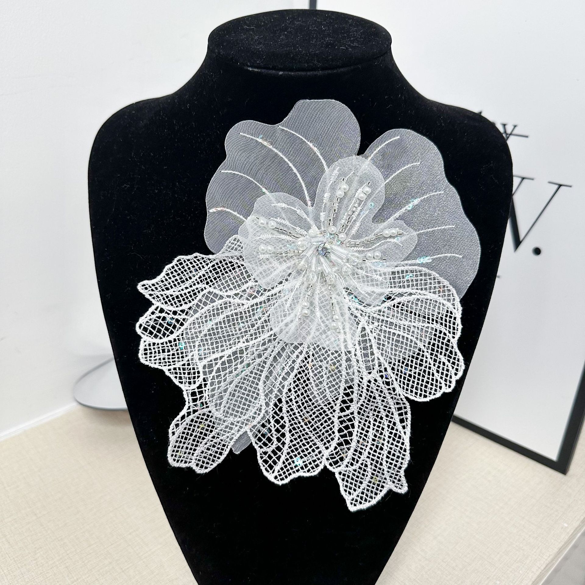 欧根纱珠片刺绣立体花朵 手工DIY钉珠花头巾纱巾女装婚纱礼服配饰