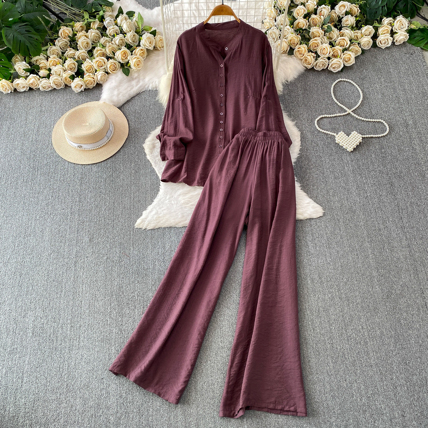 Mambo Mint Green Women's Clothing Set Refreshing Skin Friendly Breathable Loose Fitting Long Sleeved Shirt Jacket with High Waisted Wide Leg Pants_ecoleips.com