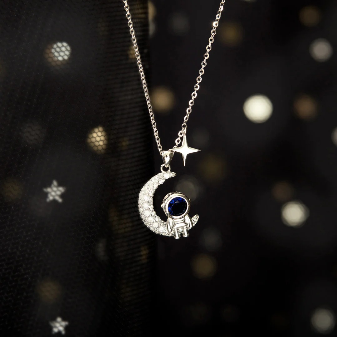 Sterling Silber Einfacher Stil Astronaut Stern Mond Überzug Inlay Zirkon Halskette Mit Anhänger display picture 3