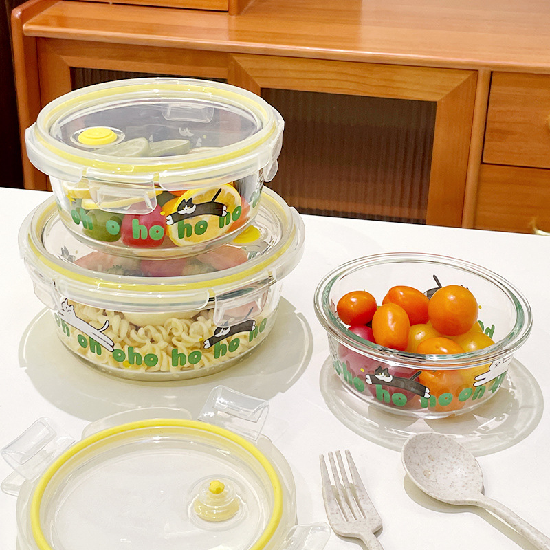 Heat-resistant glass lunch box for microwave oven heating special soup bowl for office workers with lid sealed fresh-keeping box round lunch box