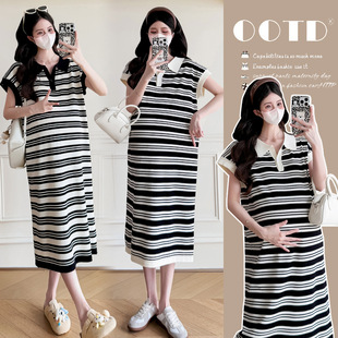 Pregnant Women Summer New dress POLO Collar Striped Fashion Maternity Dress Western Style Fashionable Summer T-shirt Skirt
