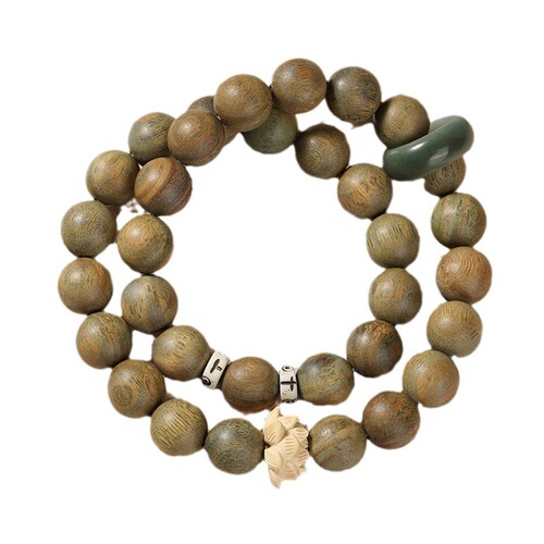 Green Sandalwood Beaded Bracelet with Lotus Flower Running Ring Sandalwood Necklace Wooden Women's Style for Playing Buddha Beads Men's Bodhi Seeds