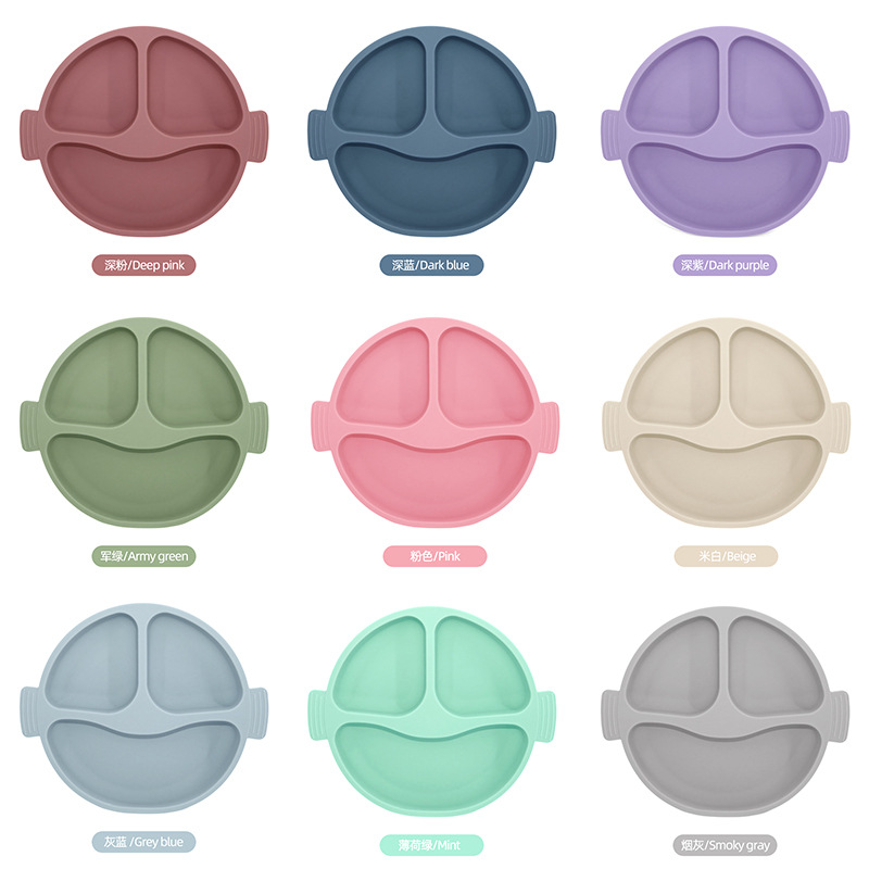 Transfronterizos de plato de silicona para niños set de platos de comedor de alimentos suplementarios para bebés plato de comedor de grados sonrientes con ventosa cubiertos