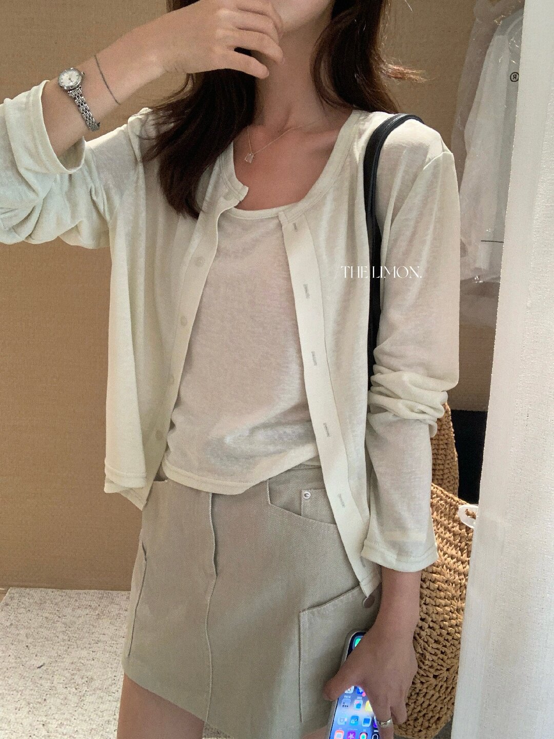 Bộ cardigan len mỏng kèm áo hai dây hai mảnh nữ mùa hè — Xám cacbon, xanh lam, màu hồng, Đậu xanh chi tiết 25