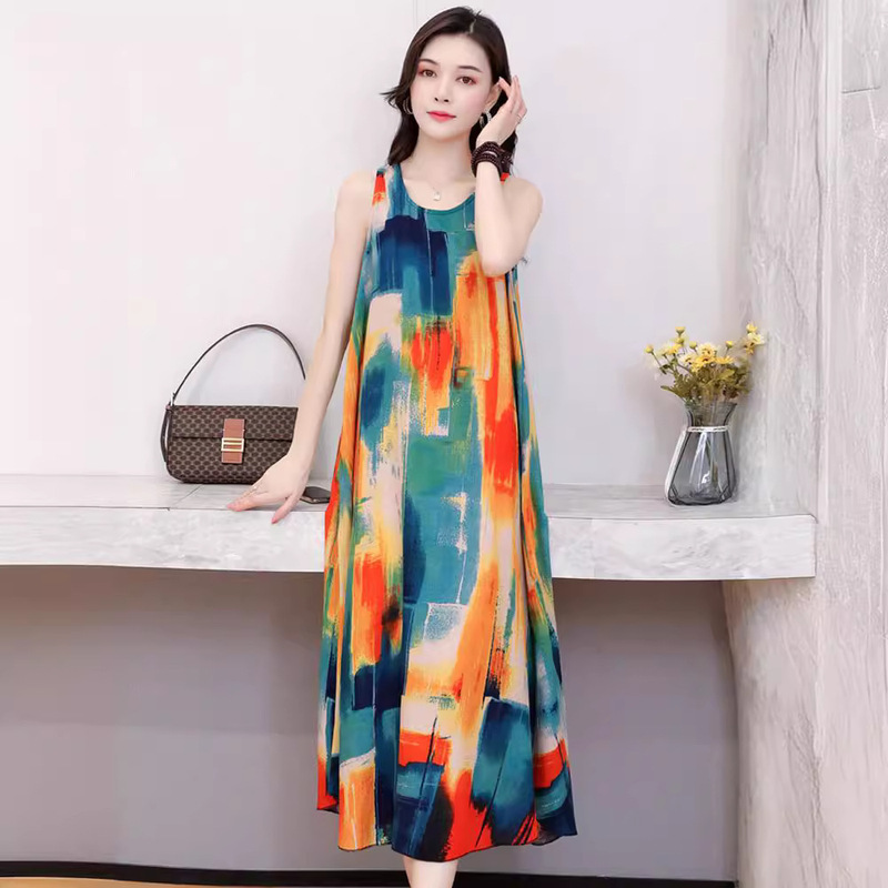 2026 New Style Cotton Silk Dress for Middle-Aged and Elderly Women, Summer Elegant Dress for Middle-Aged Moms, Over-The-Knee Rayon Dress
