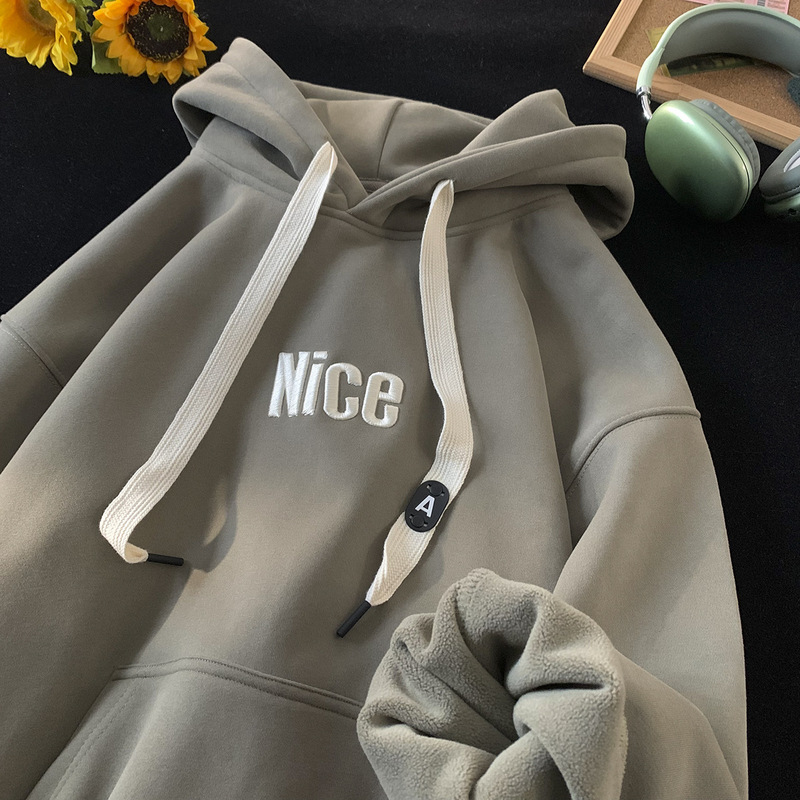 American-style Heavy Embroidered Sweater Men's Winter Fashion Brand Design Sense Letter Hoodie High Street All-match fleece-lined Couple Jacket