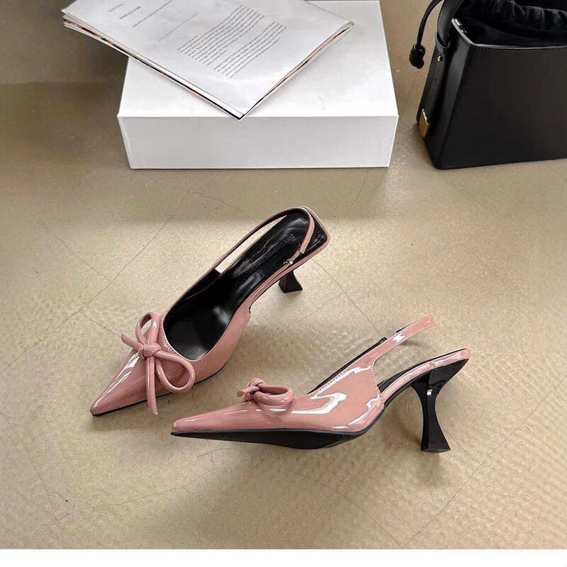 Patent leather pointed-toe bow high-heeled mules for women, summer Korean style stiletto back-strap sandals, fashionable and versatile mules