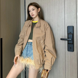 Ceiling Poison Home Original Standard MIU Miaojia INS Wind Internet Red Contrast Color Plaid Zipper Jacket Jacket for Men and Women