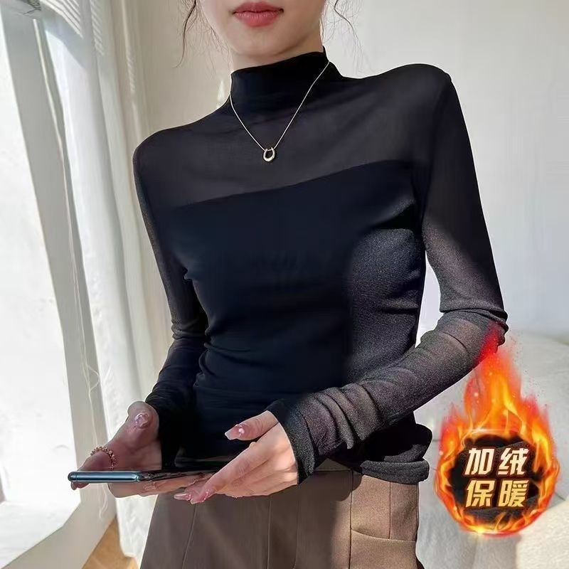 (加绒不加价)半高领网纱气质打底衫女春秋季修身显瘦T恤内搭上衣|undefined