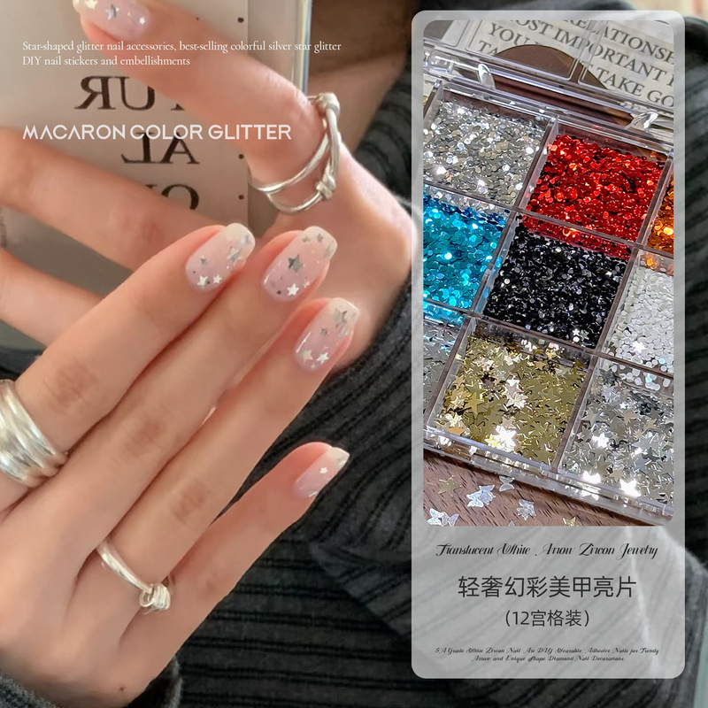 Ins-style 12-grid acrylic new sparkling sequins, polka dots, butterflies, exploding stars, mixed glitter pieces for DIY nail decoration Ins-style 12-grid acrylic new sparkling sequins, polka dots, butterflies, exploding stars, mixed glitter pieces for DIY nail decoration