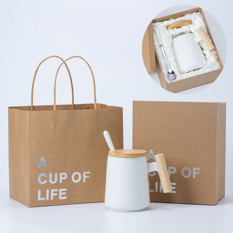 Mango de madera sólida taza de cerámica taza de café taza de agua con tapa cuchara publicidad impresa LOGO regalos