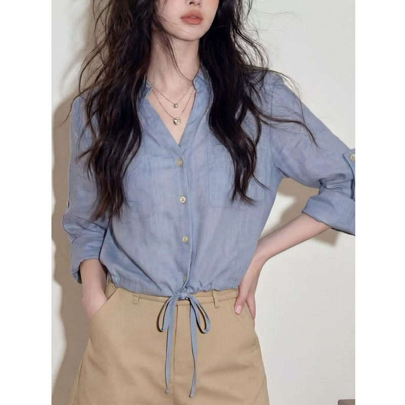 2026 Summer New Style Haze Blue Linen Drawstring Tie-Up Sleeveless Shirt for Women, High-End Commuter Wear, Sun Protection Shirt