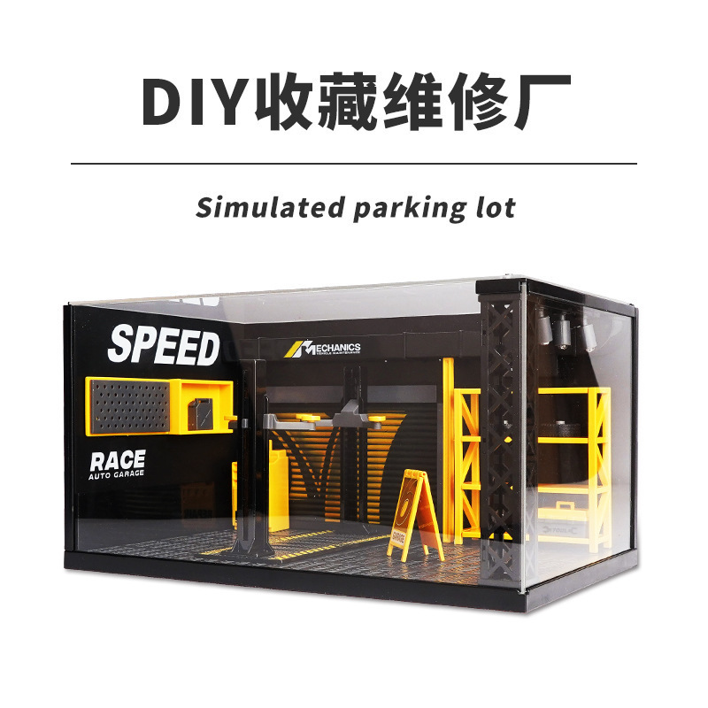 Aleación 1 a 24 modelo de coche DIY escena reparación tienda de elevación de juguete con luz edificio modelo pantalla acrílico adornos