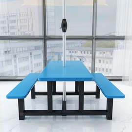 4I食堂餐桌椅户外可插伞塑料桌四人连体学生学校餐厅不锈钢饭堂桌