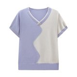 中老年女裝夏季冰絲針織衫涼爽透氣時尚V領媽媽裝短袖拼色上衣T恤，女裝T恤，妃慕昵服飾