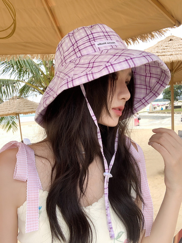 春と夏の新しいチェック柄旅行日焼け止め漁師帽子女性のための 2025 新しい小さな新鮮な顔が見える小さな日よけ帽子盆地帽子|undefined