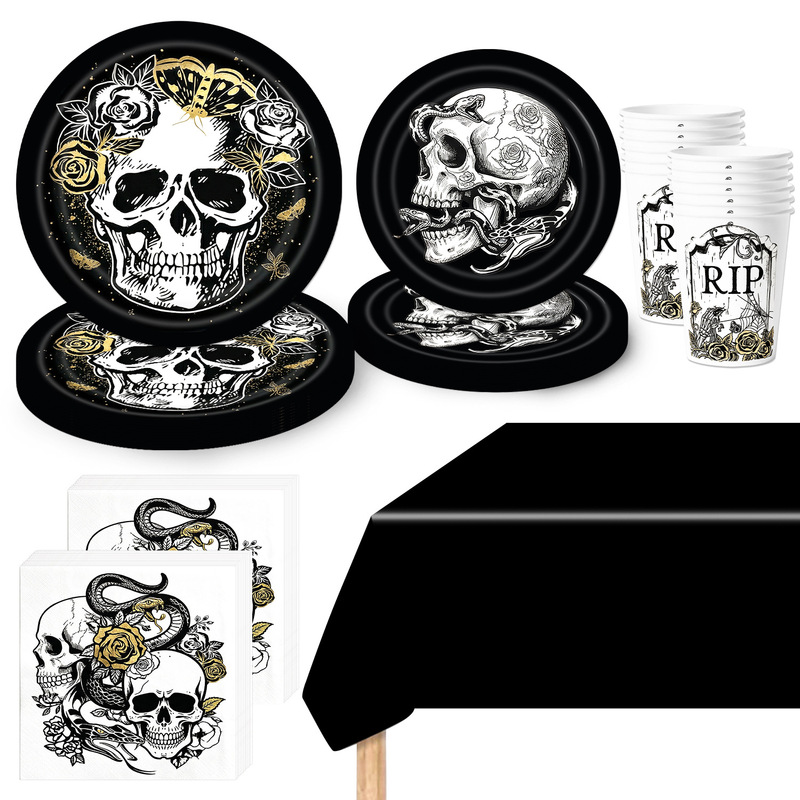 Gothic Halloween Decoration Disposable Tableware Set Paper Plates Paper Cups Paper Napkins Tablecloth Gothic Halloween Decoration Disposable Tableware Set Paper Plates Paper Cups Paper Napkins Tablecloth