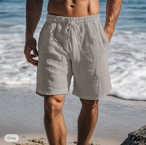 2025 new cotton and linen shorts drawstring elastic waist straight leg solid color breathable daily beach five casual pants