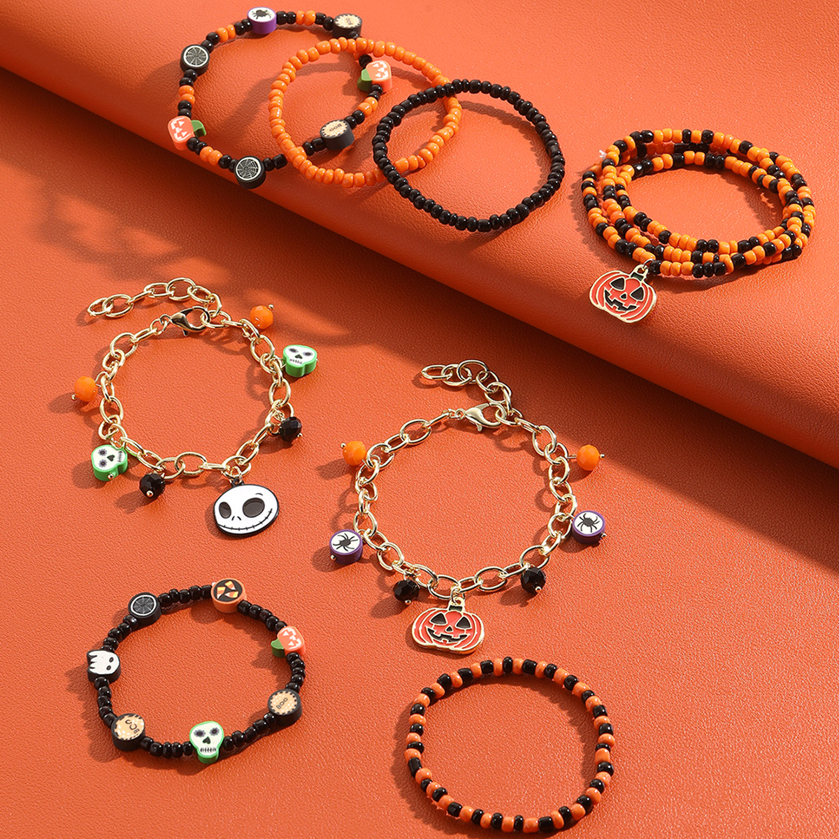 Beliebtes Halloween-Armband aus Polymer-Ton, Totenkopf-Kürbis-Perlenarmband, Damen-Kettenarmband, Urlaubsschmuck_voghion.com