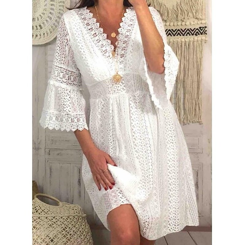 Amazon 2023 Spring New Lace Dress European and American Foreign Trade V-Neck Hollow Lace Flare Sleeve Dress