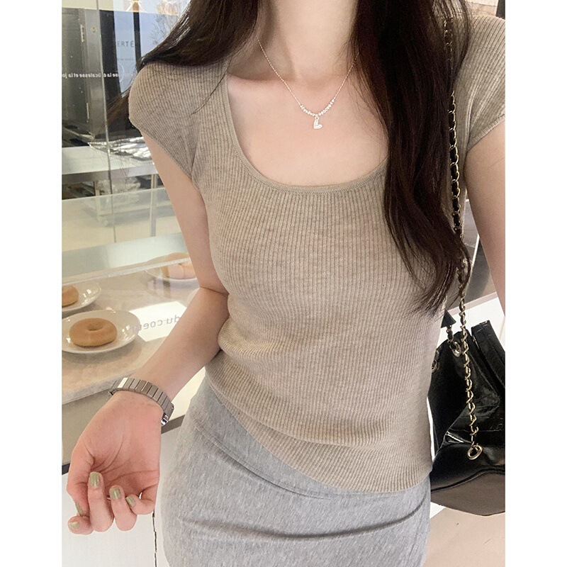 Korean Style Pure Desire U-Neck Slim Fit Ice Silk Knitted Short-Sleeve T-Shirt 2026 Summer Sweet and Spicy Versatile Top for Women