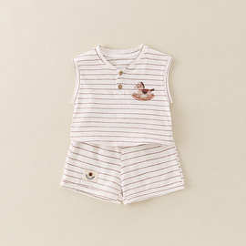 男童套装夏季男宝宝两件套条纹无袖背心短裤纯棉透气凉爽外出服