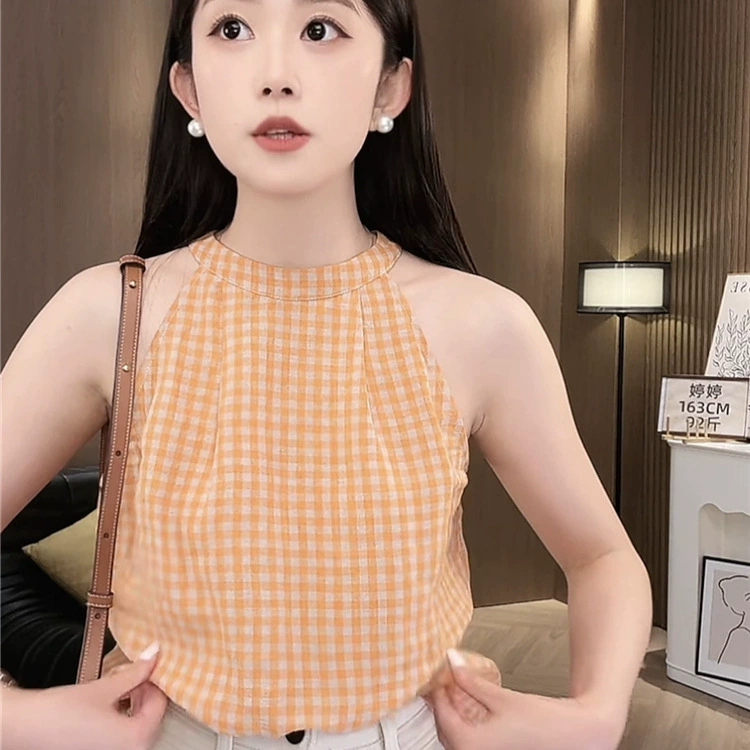 2024 лето новый маленький человек без рукавов жилет в клетку маленькая рубашка женская дизайнерская нишевая рубашка с открытыми плечами