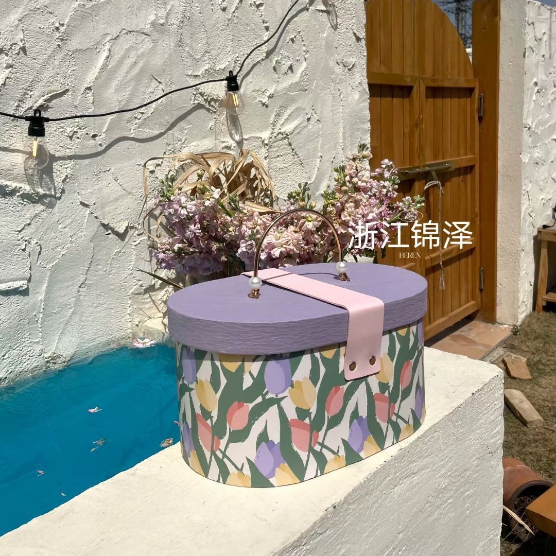 现货/紫色郁金香椭圆金属手提喜糖盒伴手礼盒女神节礼品盒活动礼