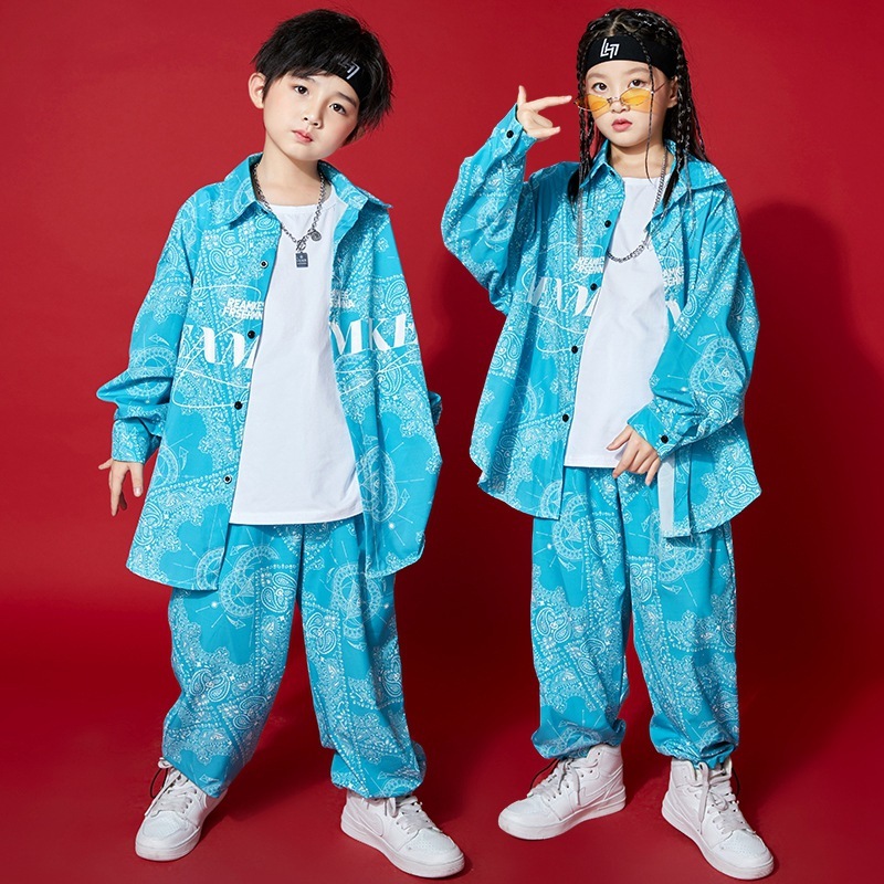 Boy girls jazz street Hip-hop dance costumes turquoise shirt and loose pants rapper gogo daners performance outfits model show party performance clothes