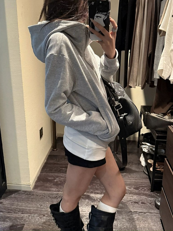 YOLO SHP 黑色连帽卫衣女修身百搭设计感翻领美式开衫外套上衣|undefined