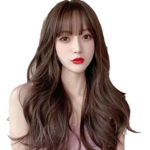 Wig for women with long curly hair, full head, realistic, natural, fashionable, big wave, Internet celebrity, air bangs, face-shaping wig set