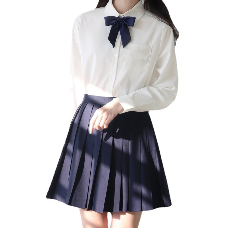 JK 유니폼 일본 봄과 여름 학교 유니폼 여학생 긴 소매 단색 흰색 셔츠 학교 유니폼 클래스 주름 치마 세트