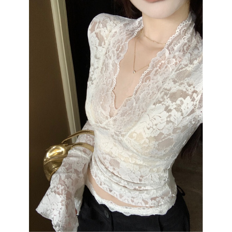 Designed Sexy V Neck Long-Sleeved Lace Shirt for Women Spring and Autum 2025 New Pure Lust Sexy Short Tight Top