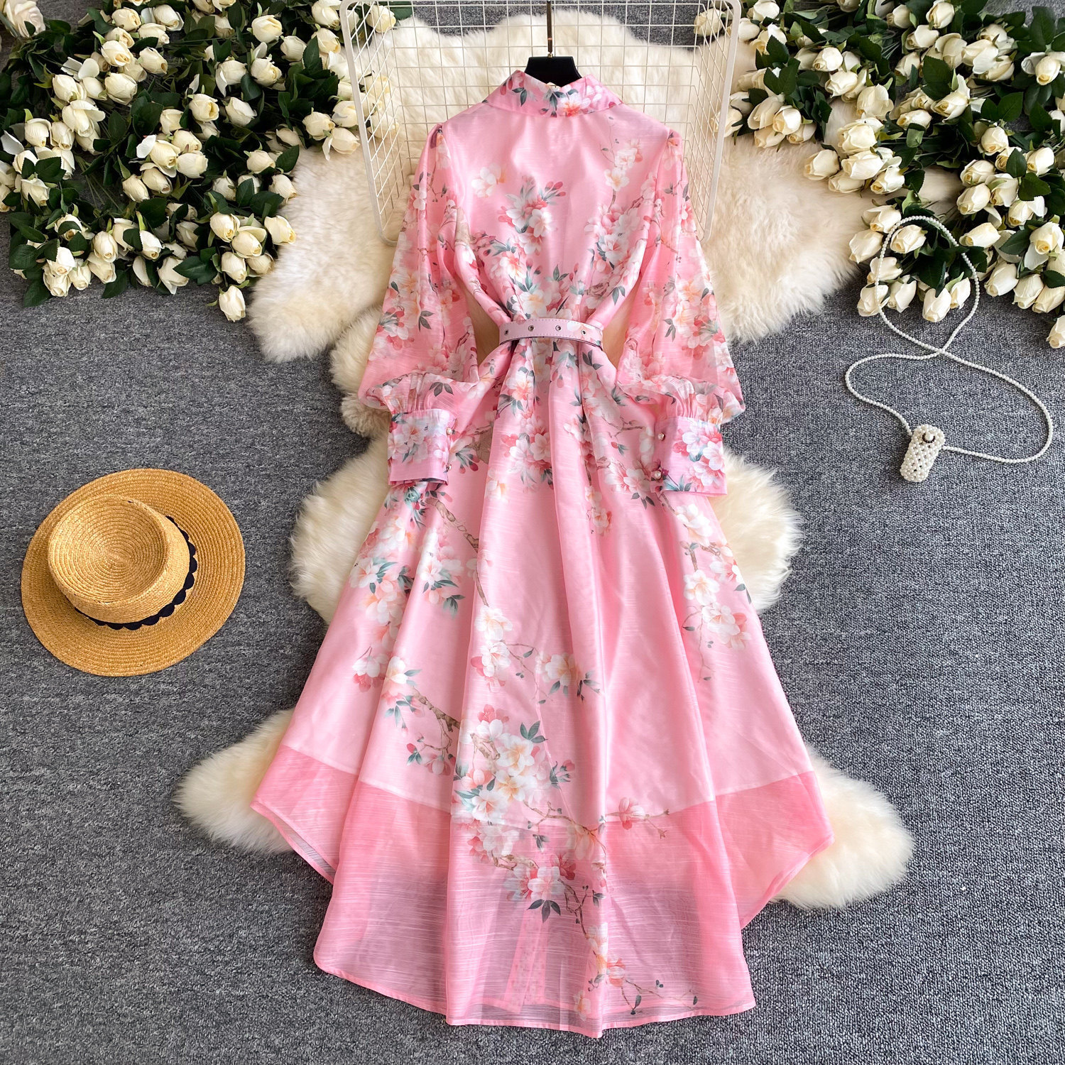 Women's French Style Printed Dress Fitted Openwork Long Sleeves Lapel Collar Tie Waist A-Line Long Skirt for Commuting_ecoleips.com