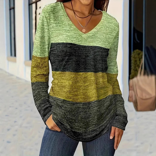 American Cross-border 2024 New Casual Fashion Trend High-quality Striped Long-sleeve V-neck T-shirt WB14