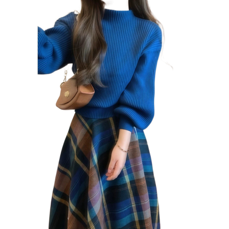 가을과 겨울 새로운 프랑스 레트로 블루 하프 터틀넥 니트 스웨터 높은 허리 격자 무늬 긴 치마 세트 스커트