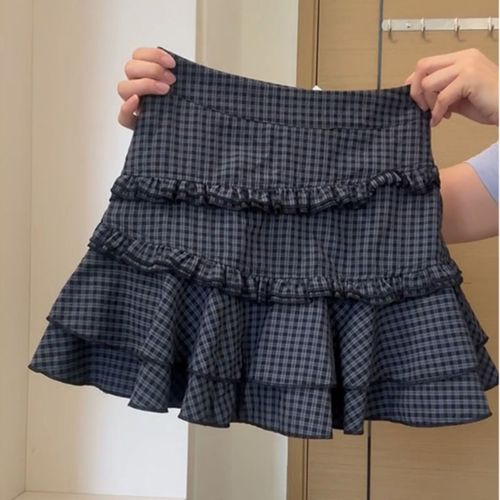 Vintage fresh fashionable plaid a-line half skirt women's design ruffled frill puffy short skirt cake skirt 