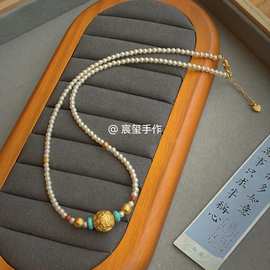 原版同款古法金八方来财施家珍珠小众百搭短款项链锁骨链女毛衣链