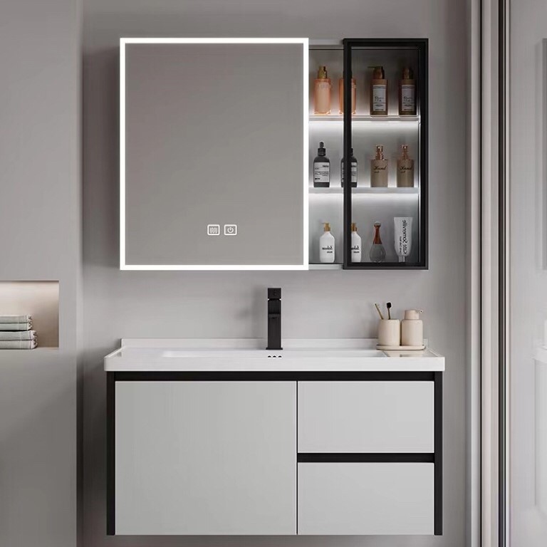 Gabinete de baño de abeja de aire de crema, lavabo cerámico integral, gabinete de lavabo combinado simple, lavabo inteligente de baño