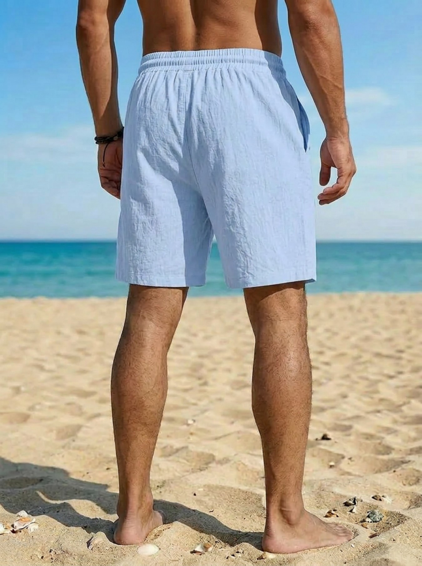 Men's Loose Fit American Linen Beach Casual Washed Button Five Point Sports Shorts mid Waist Summer Polyester Shorts_viptrois.com