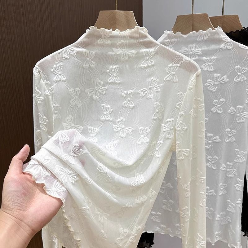 Ruffled Half-High Collar Tulle Base Shirt for Women, Mesh Long Sleeve Inner Layer, 2025 Spring New Jacquard Lace Top