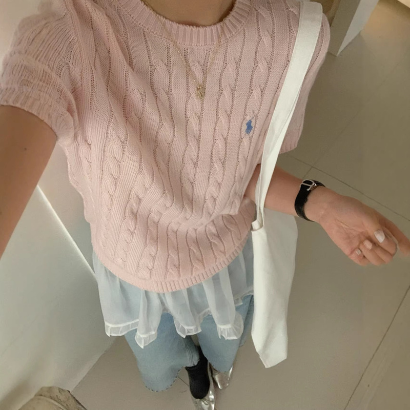 26 Summer Women's Clothing Gentle Twisted Knit Short Sleeve Round Neck Breathable Slimming Youthful Pony Embroidery T-Shirt Top